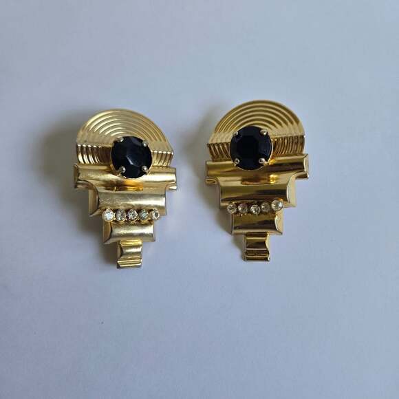 Unbranded Jewelry - Vintage 1980s Art‎ Deco Revival Clip On Earrings Gold Tone Black Rhinestone
